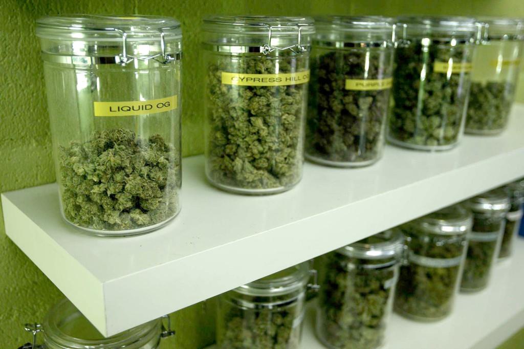 A variety of medical marijuana strains are displayed for patients at a dispensary in Long Beach, California 