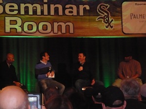 From left to right: Former designated hitter and right fielder Harold Baines, Comcast Sportsnet anchor Chuck Garfein, former designated hitter Jim Thome, and former outfielder and designated hitter Bo Jackson.