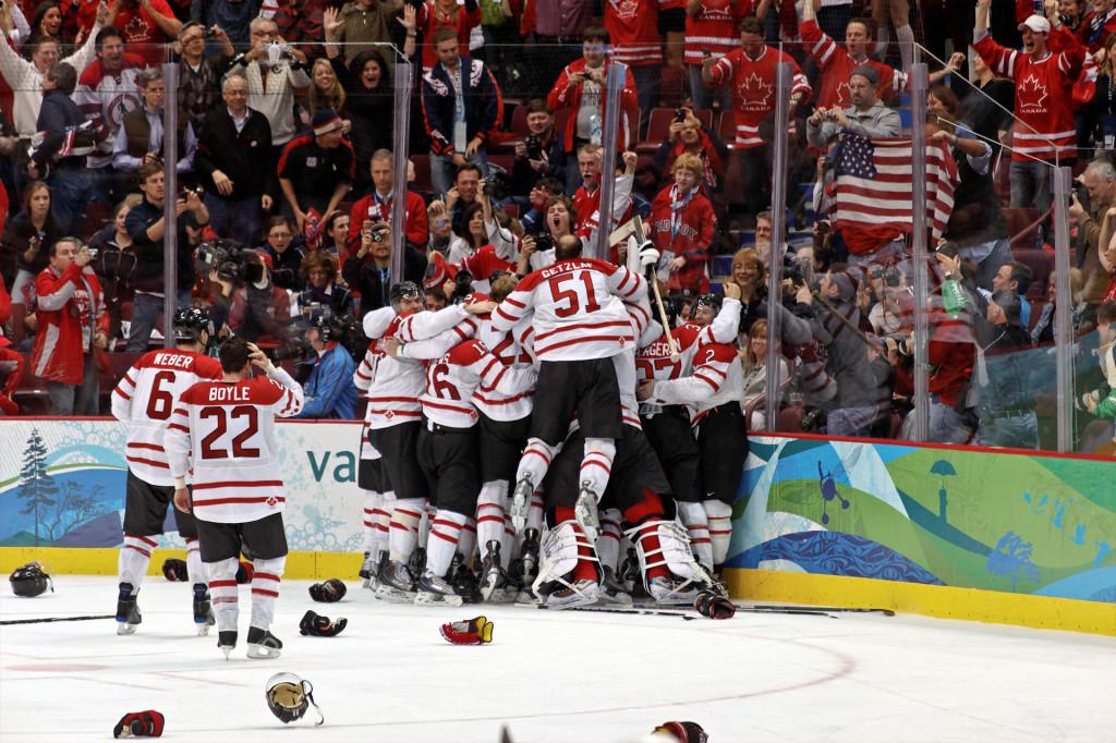 Canada celebrates a gold medal victory over the USA in Vancouver in 2010.