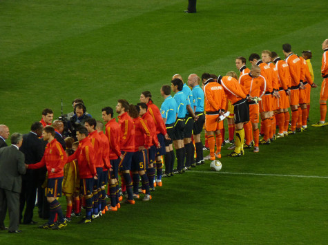 Spain and the Netherlands line up prior to the 2010 World Cup final kickoff.
