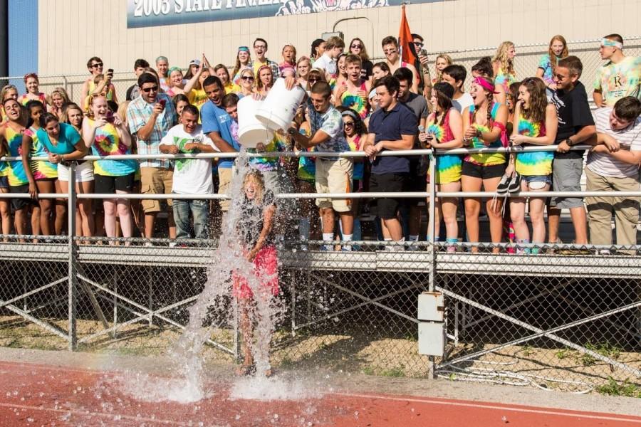 Dr. Scott accepts the ALS Ice Bucket Challenge in front of the Class of 2015 on the first day of school.