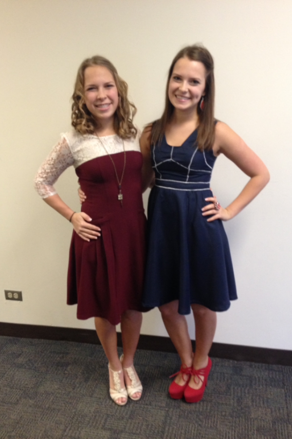 Sammie and Anna modeling their competition pieces.