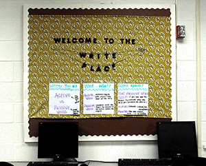 Among the new features in the Write Place, Ms. Kolish's writing tips board gives the room a welcoming atmosphere.