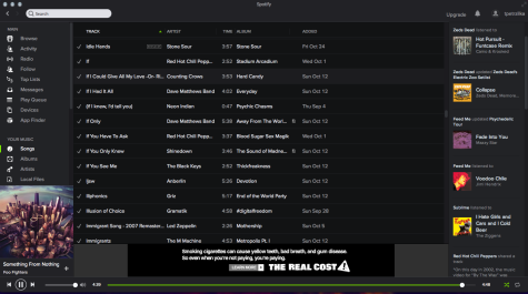 A Spotify music library where a user's music is organized similarly to iTunes.