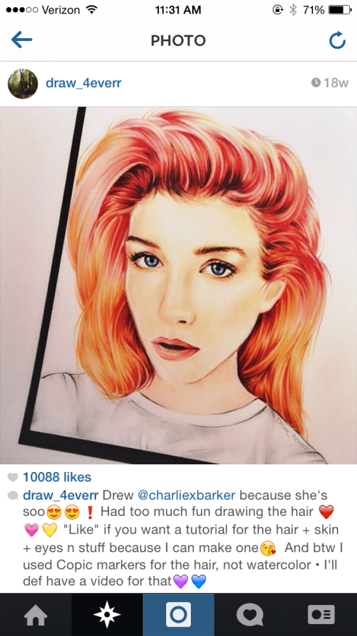 One of Fang's recent pictures receiving over 10,000 likes on Instagram. The bright red hair in this drawing visually expresses her talents in drawing hair.