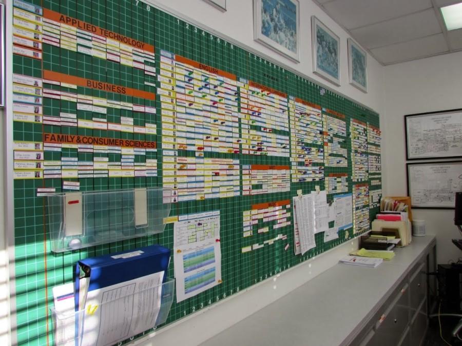 The master schedule is displayed on a magnetic board that extends the length of the entire wall in Mr. Stevens office.