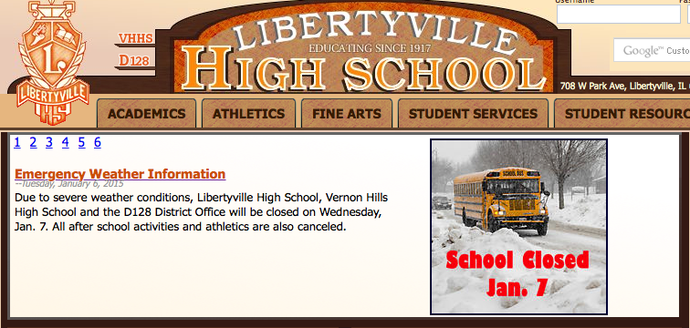 The LHS homepage today, which informs students that there is no school today.