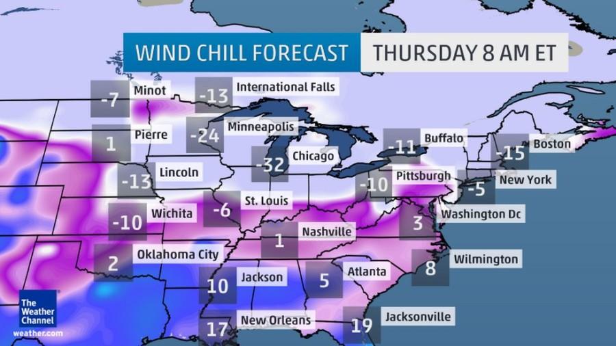 This map shows the dangerously cold wind chill in Chicago, which caused school to be closed.