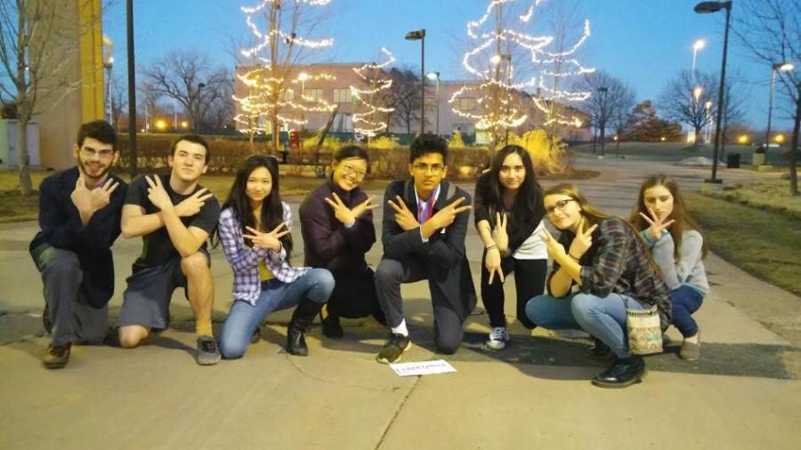 LHS students, (from left to right) Sean Bruno, Jared Huch, Megan Yeung,  Katherine Lieu,  Arooj Ahmad,  Erika Cooney, Becca Lothspeich, and Madison Hedlund pose for a team picture at Chicago State University.
