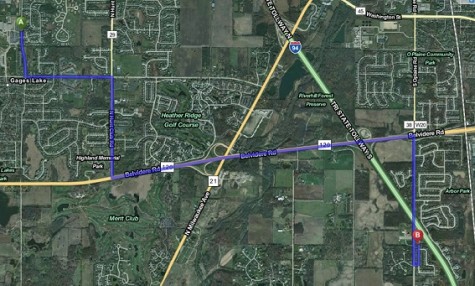 Highlighted in purple, this map shows the estimated route of 9 minutes from the Lancaster subdivision to Warren Township High School O’Plaine Campus. 