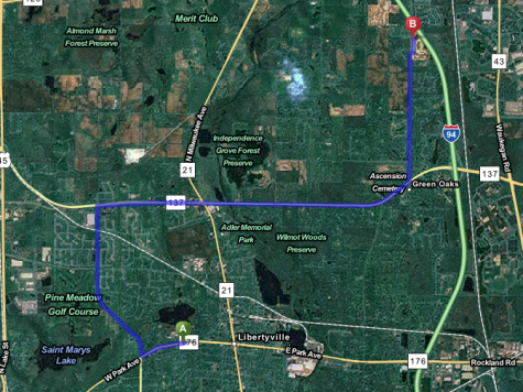  Highlighted in purple, this map shows the estimated route of 14 minutes from the Lancaster subdivision to Libertyville High school. 