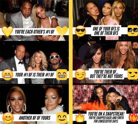 Snapchat showed examples of the meanings of the emojis with photos of Beyonce.