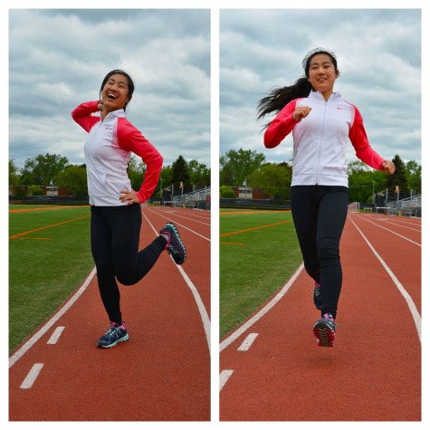 Sophomore Katie Xu, who plays tennis and runs track, poses as a stereotype of running on the left. And on the right, she poses as the reality of how running looks.