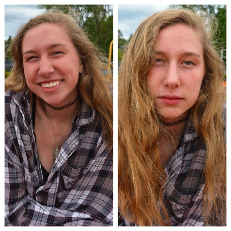 Junior Gabbie Haws, who has participated in volleyball, softball, basketball, cross country, and track throughout high school shows a smile on the left to demonstrate the stereotype of how girls seem to only smile in sports since they aren't working as hard. However, on the right, Haws poses with her game face on.