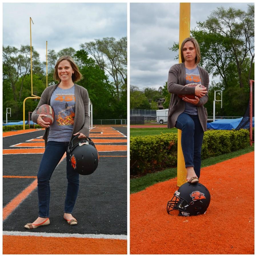 On the left, Ms. Kuceyeski stands in a stereotypical pose while on the right she poses as how girls actually act in sports.