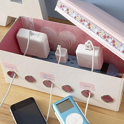 DIY shoebox charging station will allow you to save space and stay organized.
