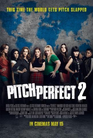 The Pitch Perfect 2 movie poster features all of the girls who play the Barden Bellas.