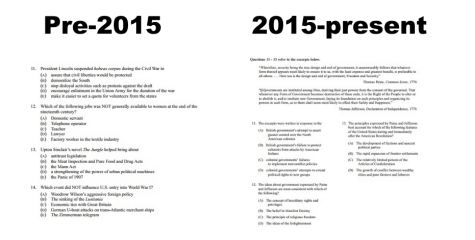 The previous version of the AP United States History exam (left) featured questions in the form of random trivia. However, the College Board's renovation of the exam (right) included the introduction of stimulus-based questions.