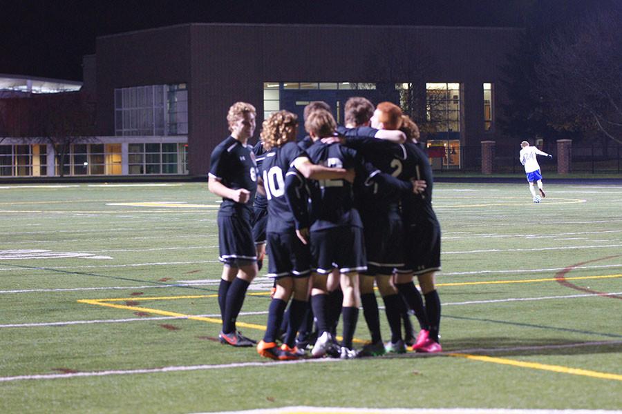 The team celebrates after Senior Nate Edmunds (12) scored his second goal of the night making the Wildcats 
2-0 early in the second half.