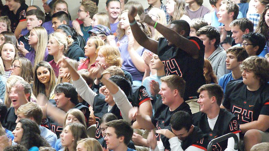 Senior students celebrate after winning the Wildcat Cup at the homecoming assembly