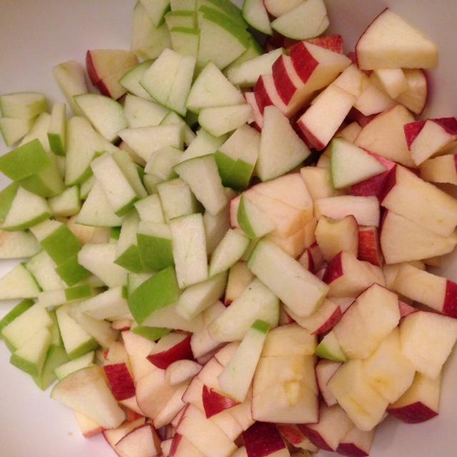 The progression of the apple fruit salad is a careful, delicate process. 