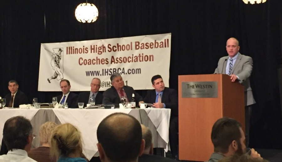 Coach Ferrell accepts the Illinois High School Baseball Coaches Association Assistant Coach of the Year award.