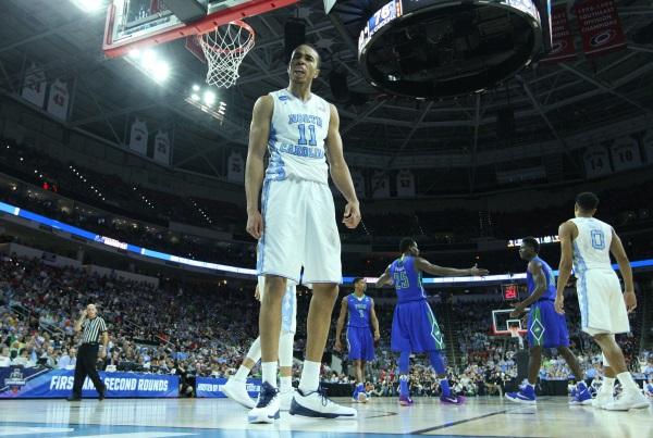 North Carolinas Brice Johnson celebrates after blocking a shot.