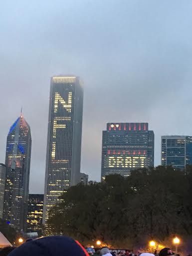 Chicagos skyline is lit up in celebration of the NFL Draft. 