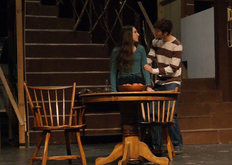 Senior+Jackie+Ovassapian+and+sophomore+Jack+Miller+rehearse+their+lines+before+opening+night.