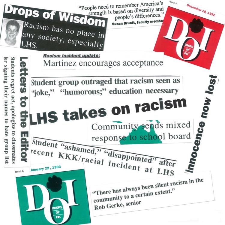 Headlines from the 1992 December and January Drops of Ink issues show students’ shock and frustration with the recent KKK events and LHS.
