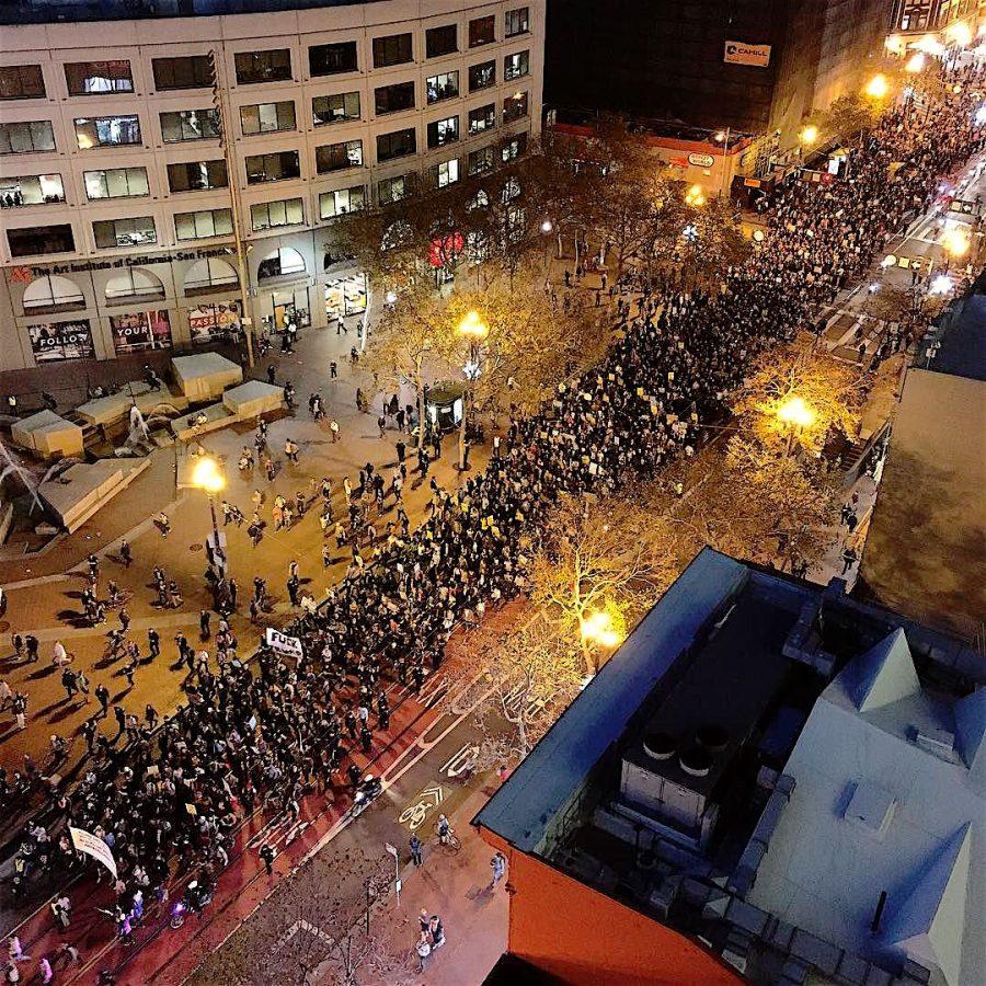 Demonstrators flood the streets of San Francisco in protest of President-Elect Donald Trump. 