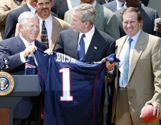 Owner Robert Kraft and Head Coach Bill Belichick celebrate one of their four Super Bowl Championships with President George W. Bush. 