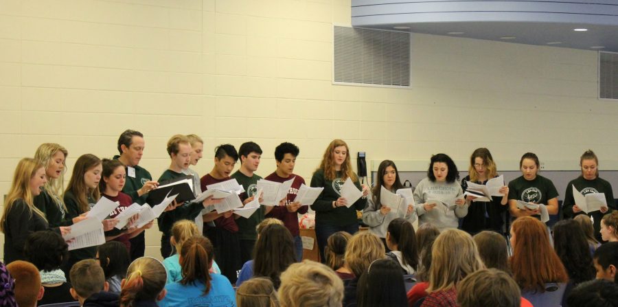Also in the junior high cafeteria, members of the LHS Choir came to perform songs such as “September” and a medley of songs from the musical Jersey Boys. Additionally, they discussed with students about the many opportunities LHS has for singers, both curricular and extracurricular.