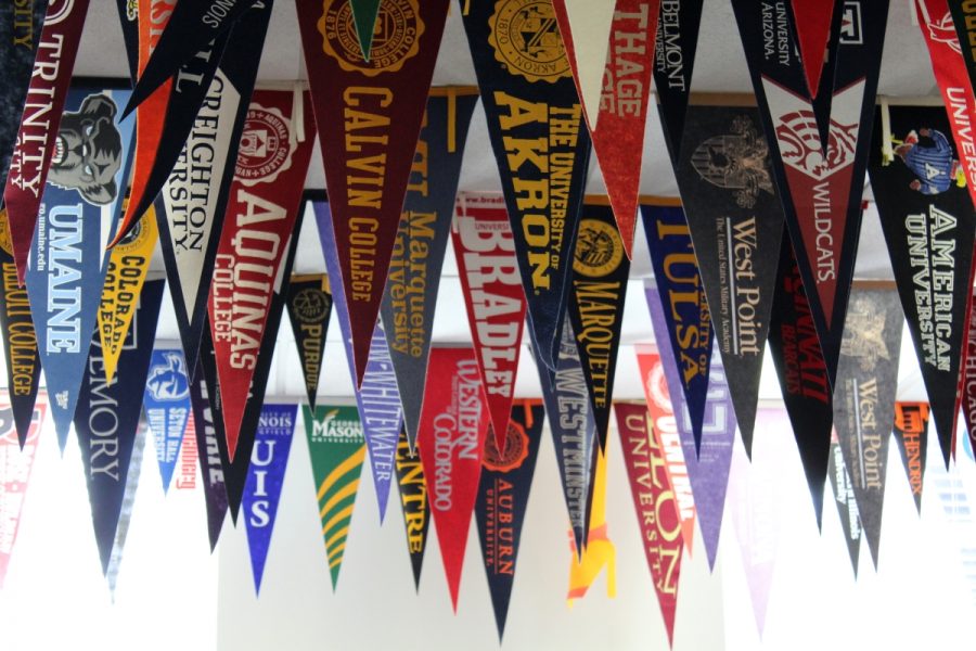 Pennants representing colleges from across the country hang from the ceiling of the CRC.