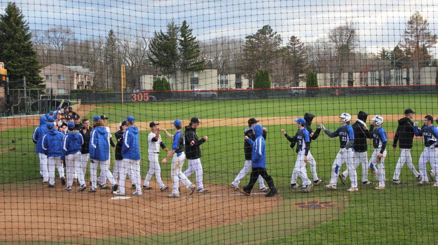 The two teams shake hands after Libertyville defeated the Warren Blue Devils, 6-1. Senior Jack Peterson homered for the Wildcats.