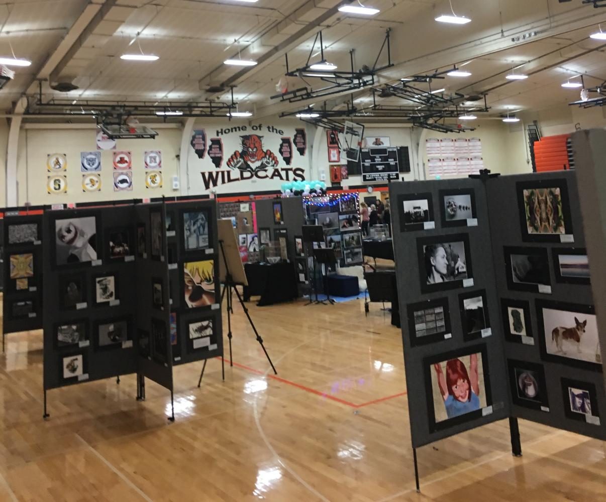 The LHS gynasium is filled with student work for the annual art show.