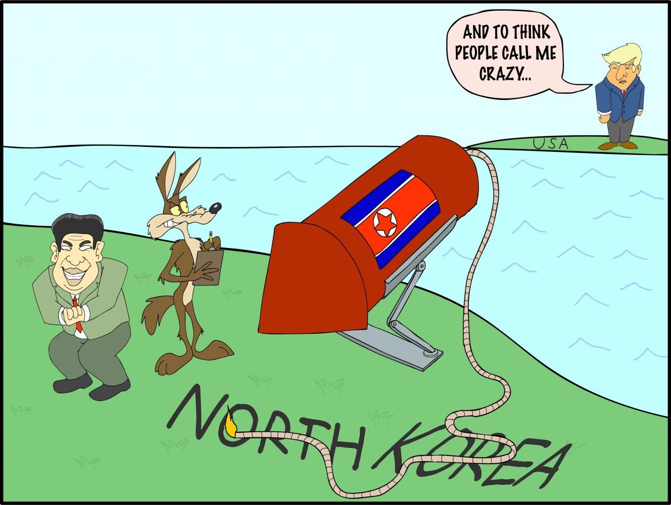 This cartoon is a parody of current tensions between the US and North Korea and North Korea's supposed nuclear arsenal.