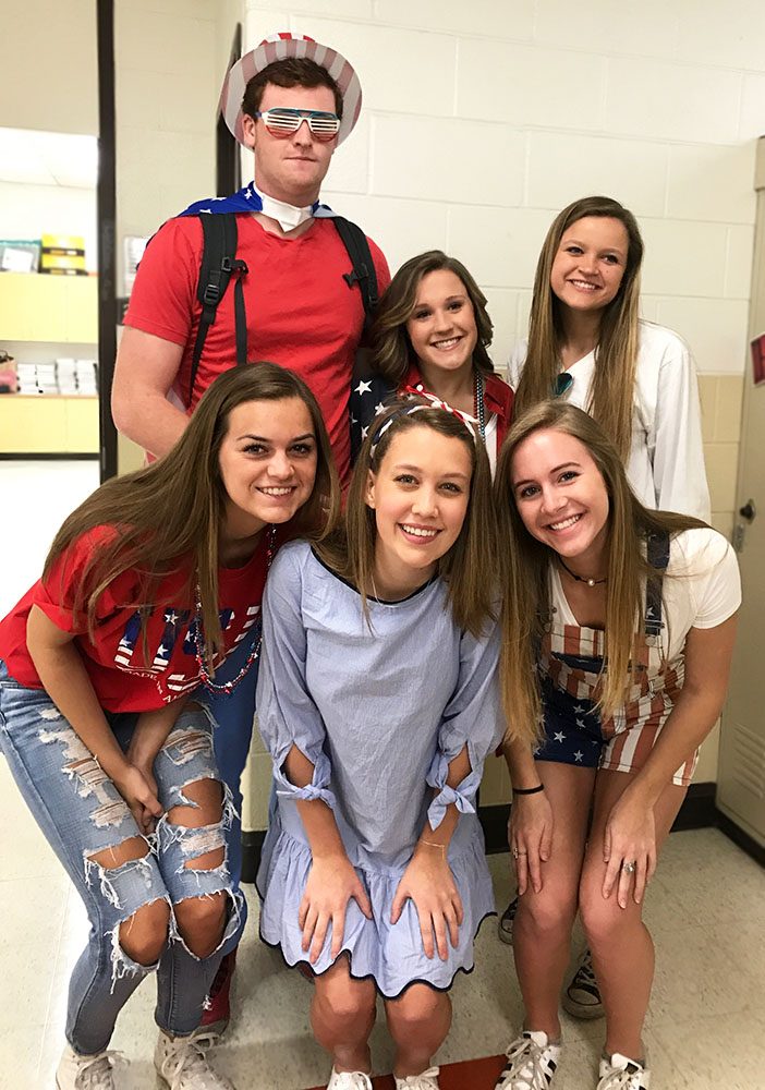 Ben Skeens, Natalie Jaroch, Megan VanDixhorn, Halle Imm, Grace Benner and Abby Meyer wore red, white and blue for American Day.