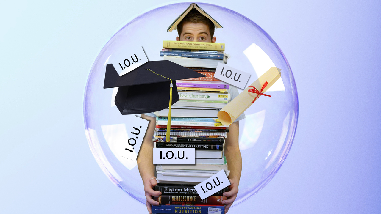 A college student accumulates debt from student loans and needed learning materials as they pursue a degree. 