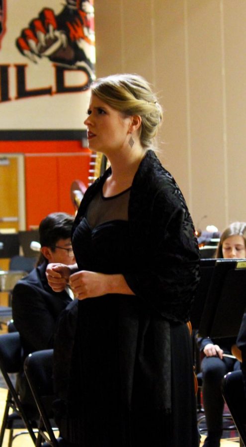 Guest soloist and LHS graduate Jane Recker sings along with the chamber orchestra during their final song of the night, “Kindertotenlieder.” Recker now attends Northwestern University pursuing a performance career. 