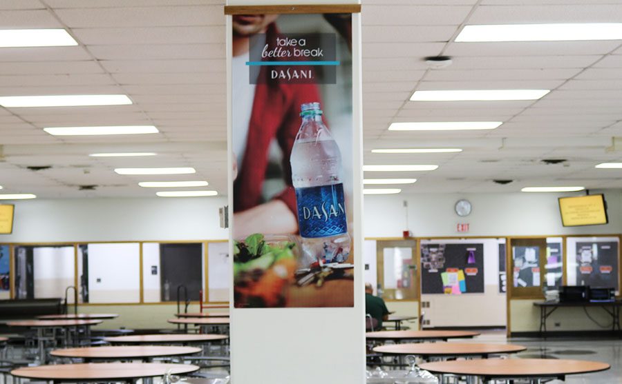 In the cafeteria, students can find two Dasani advertisements on columns. 