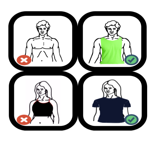 According to school policy, athletes are required to wear shirts at all times, and articles of clothing such as sports bras or crop tops are prohibited. 