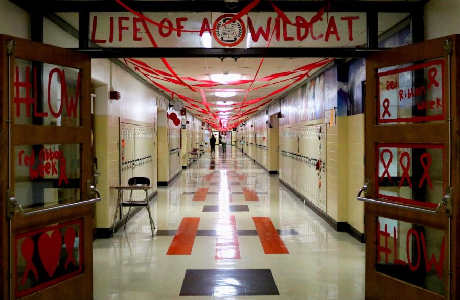 The hallways were decorated with red balloons, red streamers and red-painted messages on the doors.