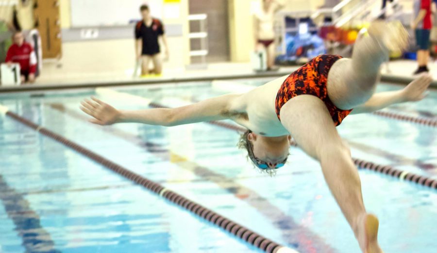 Senior Max Kratcoski dives off the block as he begins his longest race of the meet, the 500M freestyle, which he finished with a time of 6:17.