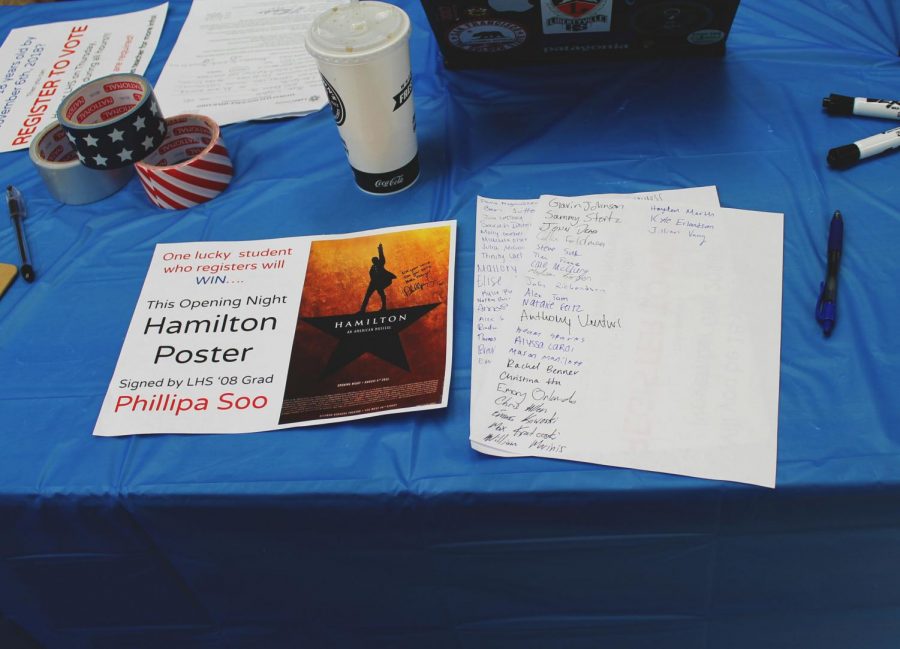 People who registered to vote were given the opportunity to enter a raffle to win an opening-night Hamilton poster signed by LHS alumna Phillipa Soo. 