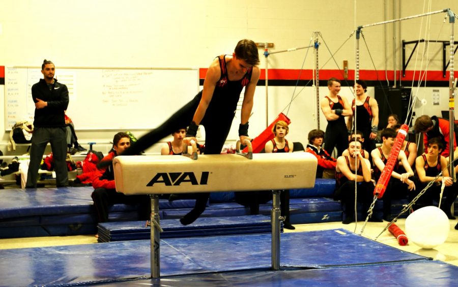 Junior Wesley Werden performed the “Pommel Faber” a move where the gymnast scissors and circles their legs around the Pommel horse. Werden finished the night off by placing first on floor and first all around for the meet.