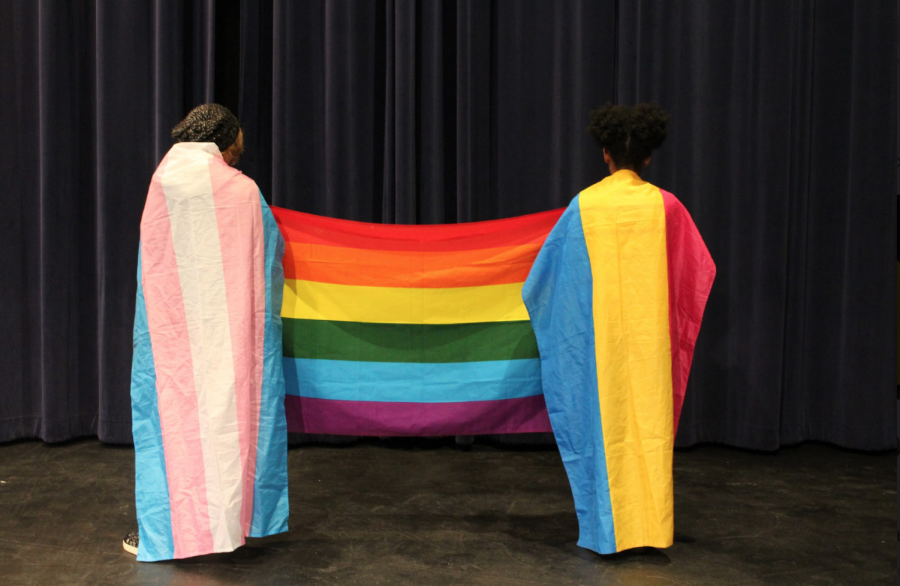 Two Students stand with various LGBTQ+ Pride flags.