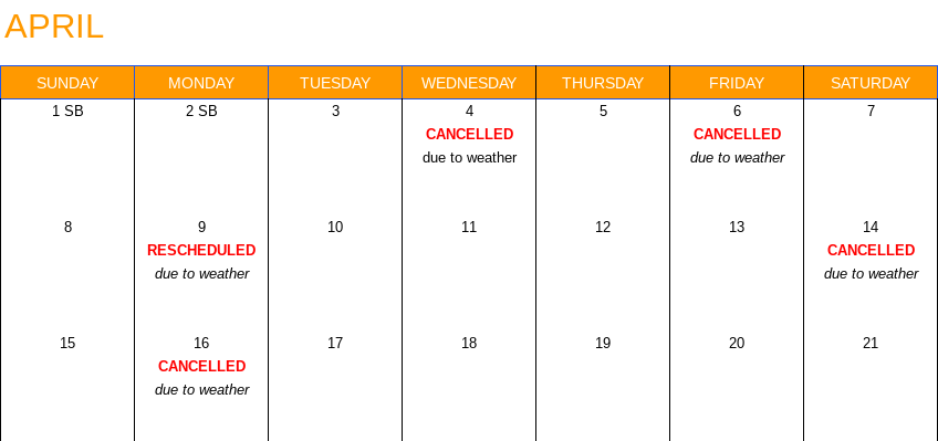 Throughout the Spring season, many sports cancellations of meets, matches and games have occurred due to weather.