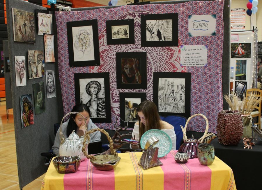 The art show was open almost the whole day on Friday, May 4, open first period until one that afternoon. AP art students were exempt from their classes for the day in order to sit at their booths and showcase their artwork.