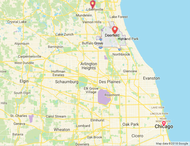 A map of parts of Lake County and Cook County displays the locations of the Illinois cities of Libertyville, Deerfield and Chicago in relation to each other.

Map data from Google Maps.
